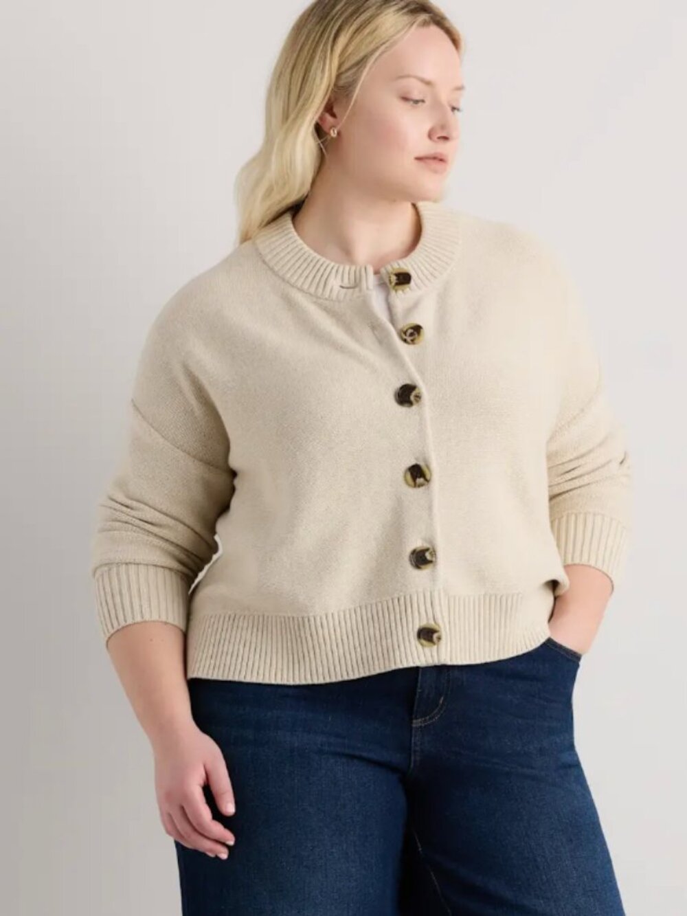 Quince 100% Organic Cotton Cropped Cardigan Beige tan Women's Sweater XL